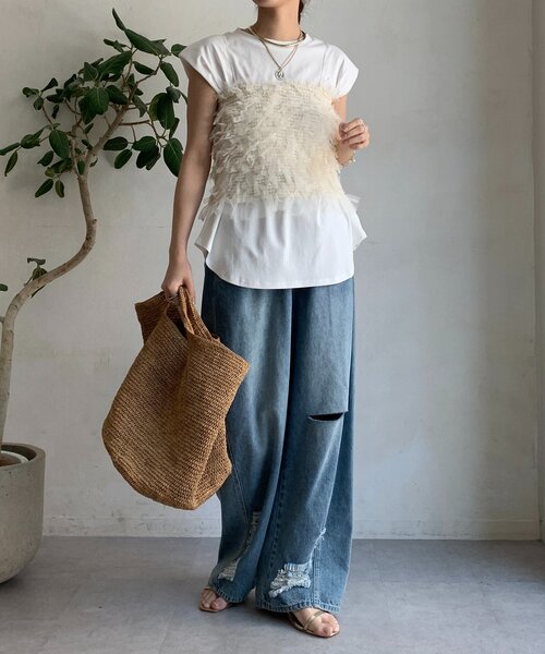 DouDou（ドゥドゥ）の「【WEB限定】ビスチェ＋Tシャツセット（Tシャツ/カットソー・レディース・ブラック/オフホワイト・FREE）」の6枚目の写真