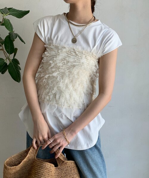 DouDou（ドゥドゥ）の「【WEB限定】ビスチェ＋Tシャツセット（Tシャツ/カットソー・レディース・ブラック/オフホワイト・FREE）」の8枚目の写真