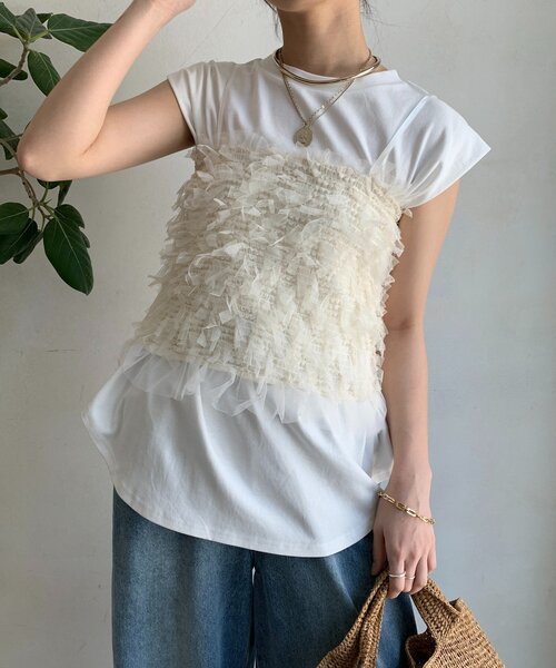 DouDou（ドゥドゥ）の「【WEB限定】ビスチェ＋Tシャツセット（Tシャツ/カットソー・レディース・ブラック/オフホワイト・FREE）」の9枚目の写真