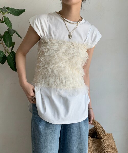 DouDou（ドゥドゥ）の「【WEB限定】ビスチェ＋Tシャツセット（Tシャツ/カットソー・レディース・ブラック/オフホワイト・FREE）」の10枚目の写真