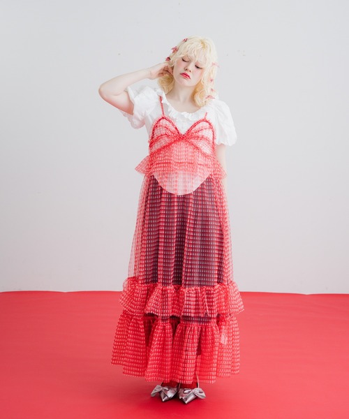 MIKOMORIギンガムチェック ワンピース MIKOMORIギンガムチェック ワンピース フラワーモチーフ釦フリル付き