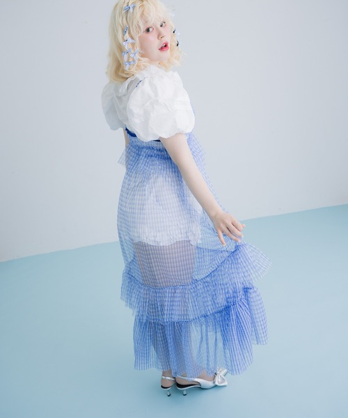 monepine(モネピネ)の「gingham check cami dress/ギンガムチェックキャミワンピース(ワンピース・レディース・ライトブルー/レッド・1/2)」の3枚目の写真