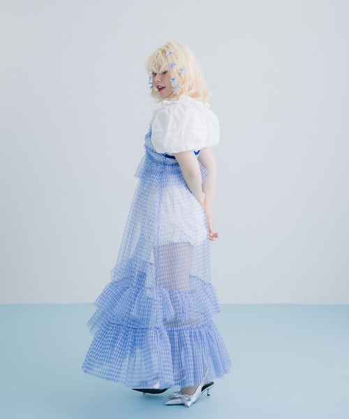 monepine(モネピネ)の「gingham check cami dress/ギンガムチェックキャミワンピース(ワンピース・レディース・ライトブルー/レッド・1/2)」の6枚目の写真