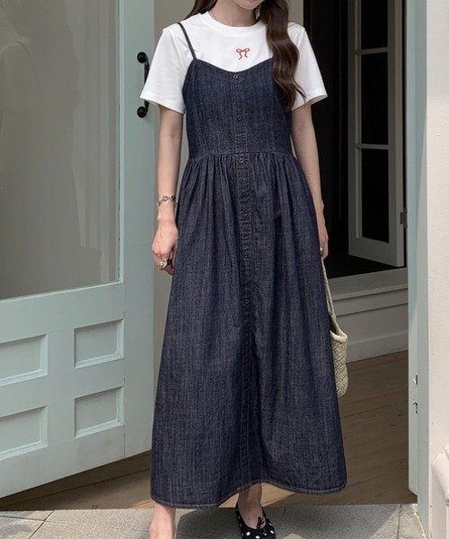 Tシャツ＋デニムキャミワンピースセットアップ