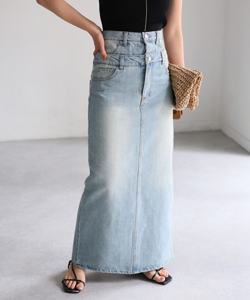 Riberry（リベリー）の「ダブルウエストデニムロングスカート（デニムスカート・レディース・ライトブルー/ブラック・SMALL/MEDIUM）」の2枚目の写真