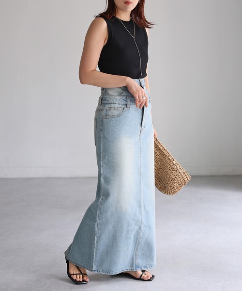 Riberry（リベリー）の「ダブルウエストデニムロングスカート（デニムスカート・レディース・ライトブルー/ブラック・SMALL/MEDIUM）」の8枚目の写真