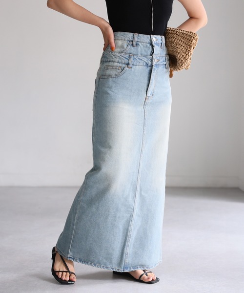 Riberry（リベリー）の「ダブルウエストデニムロングスカート（デニムスカート・レディース・ライトブルー/ブラック・SMALL/MEDIUM）」の6枚目の写真