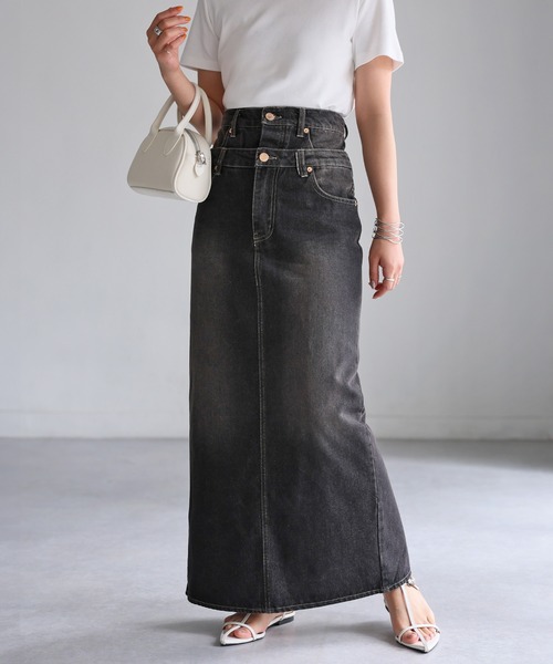 Riberry（リベリー）の「ダブルウエストデニムロングスカート（デニムスカート・レディース・ライトブルー/ブラック・SMALL/MEDIUM）」の10枚目の写真