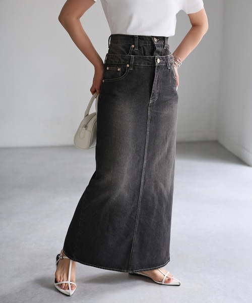 Riberry（リベリー）の「ダブルウエストデニムロングスカート（デニムスカート・レディース・ライトブルー/ブラック・SMALL/MEDIUM）」の3枚目の写真