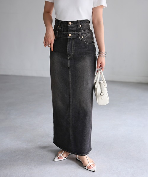 Riberry（リベリー）の「ダブルウエストデニムロングスカート（デニムスカート・レディース・ライトブルー/ブラック・SMALL/MEDIUM）」の4枚目の写真