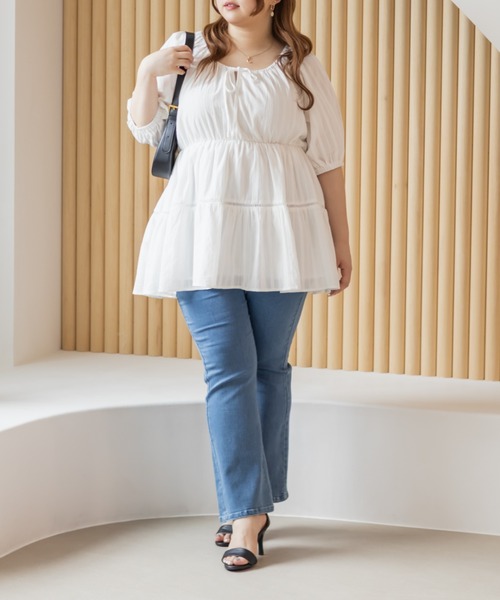CLETTE(クレット)の「ストライプトビー2WAYチュニックブラウス(シャツ/ブラウス・レディース・オフホワイト/ピンク/ブラック・LL/3L/4L)」の9枚目の写真