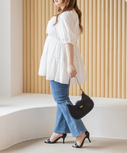 CLETTE(クレット)の「ストライプトビー2WAYチュニックブラウス(シャツ/ブラウス・レディース・オフホワイト/ピンク/ブラック・LL/3L/4L)」の8枚目の写真