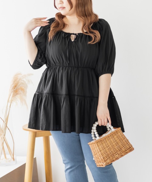 CLETTE(クレット)の「ストライプトビー2WAYチュニックブラウス(シャツ/ブラウス・レディース・オフホワイト/ピンク/ブラック・LL/3L/4L)」の5枚目の写真