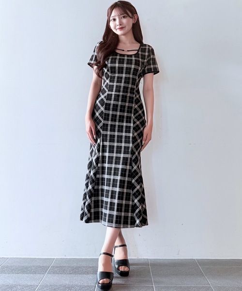 新品！タグ付き！バックリボンチェックワンピース Rmine】バックリボンVフリルチェックロングワンピース[品番
