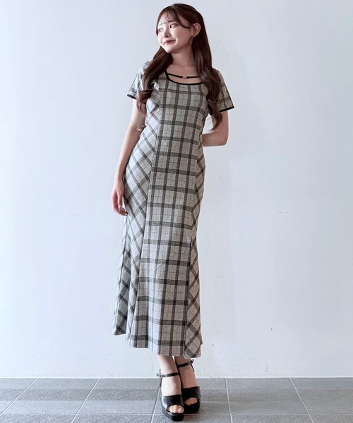 チェックバックリボンロングワンピース セール】チェックバックリボンロングワンピース（ワンピース