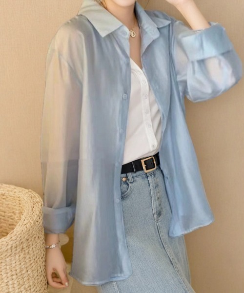 cammie(キャミー)の「バックオープンシアーブラウス(シャツ/ブラウス・レディース・ピンク/ライトブルー/オフホワイト・MEDIUM/LARGE)」の8枚目の写真