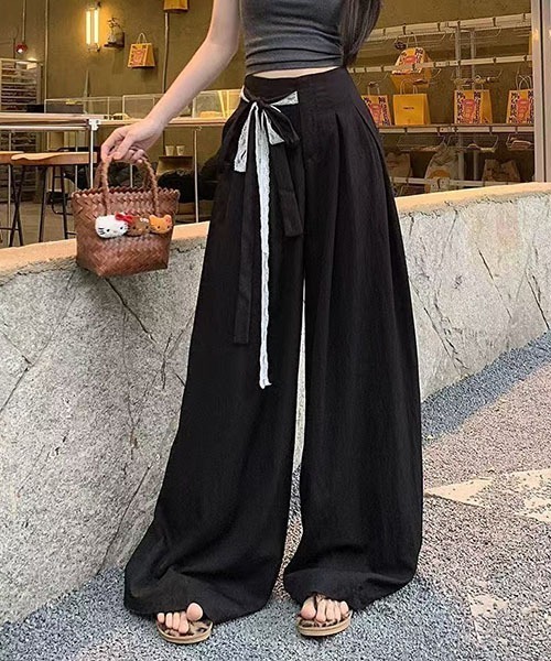gossip!ロサンゼルス(ゴシップロサンゼルス)の「レースリボン紐付き ナチュラルシワ素材 ハイウエストワイドロングパンツ レディース(その他パンツ・レディース・ブラック/ホワイト/ネイビー・S/M)」の13枚目の写真