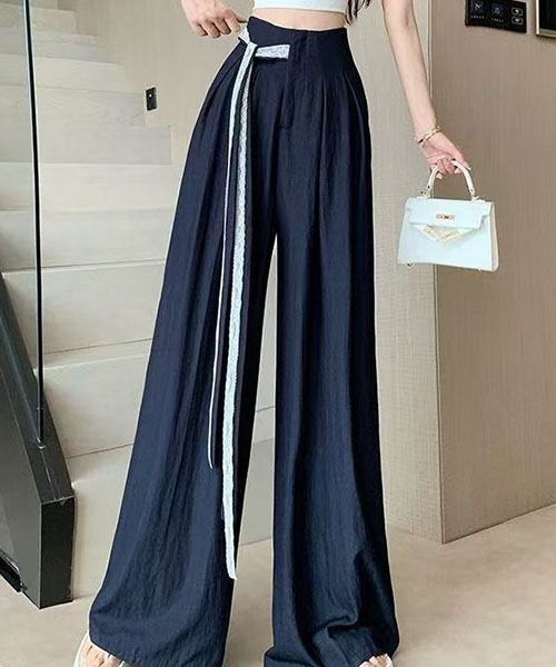 gossip!ロサンゼルス(ゴシップロサンゼルス)の「レースリボン紐付き ナチュラルシワ素材 ハイウエストワイドロングパンツ レディース(その他パンツ・レディース・ブラック/ホワイト/ネイビー・S/M)」の4枚目の写真