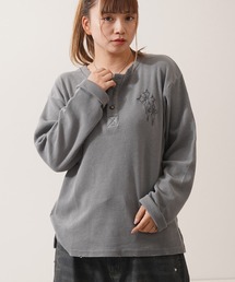 クロス刺繍 ピグメント ヘンリーネック ワッフル ロンT / Cross Stitch Pigment Henry Neck Waffle Long Sleeve T-Shirt