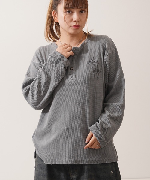 クロス刺繍 ピグメント ヘンリーネック ワッフル ロンT / Cross Stitch