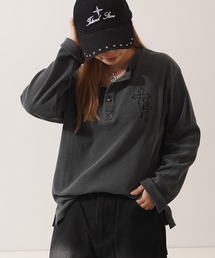 クロス刺繍 ピグメント ヘンリーネック ワッフル ロンT / Cross Stitch Pigment Henry Neck Waffle Long Sleeve T-Shirt