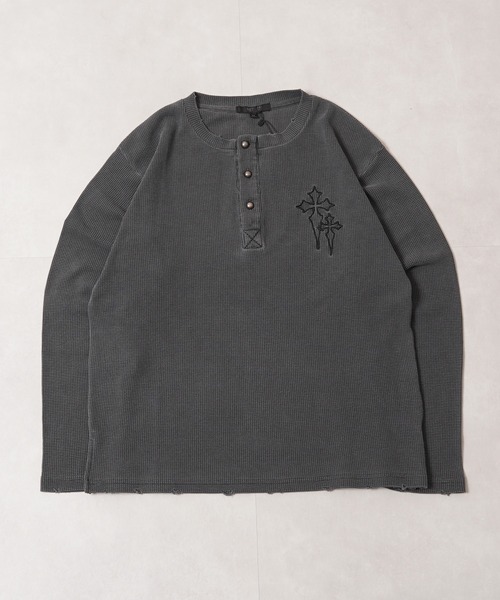 1111clothing（ワンフォークロージング）の「クロス刺繍 ピグメント ヘンリーネック ワッフル ロンT / Cross Stitch Pigment Henry Neck Waffle Long Sleeve T-Shirt（Tシャツ/カットソー・メンズ・チャコールグレー/グレー/ブラック・M/L）」の14枚目の写真