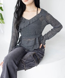 CLEAR BASIC | カシュクール風メロウフリルニットトップス［韓国ファッション カジュアル］≪AW新作≫(Tシャツ/カットソー)