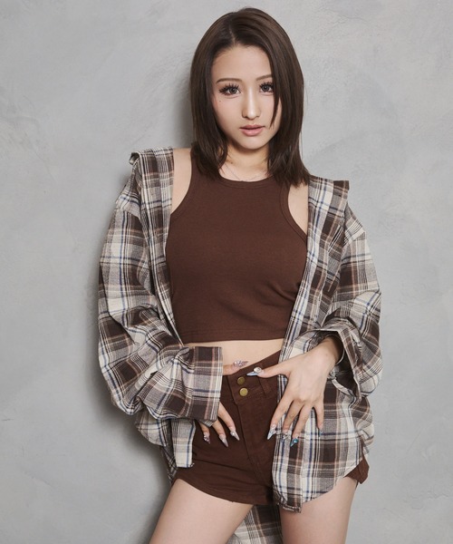d.i.a.(ダイヤ)の「【d.i.a. セットアップ】オーバーサイズチェックシャツ3点セット チェックシャツ&タンクトップ&ショートパンツ(その他アウター・レディース・ブラック/ブラウン・FREE)」の14枚目の写真