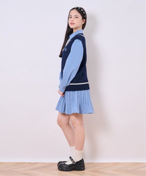 2度着たのみ！⭐︎pom ponette ジュニア⭐︎水色ワンピース Lサイズ セール】【セットアイテム】プリーツシャツワンピ＋ニットベストセット