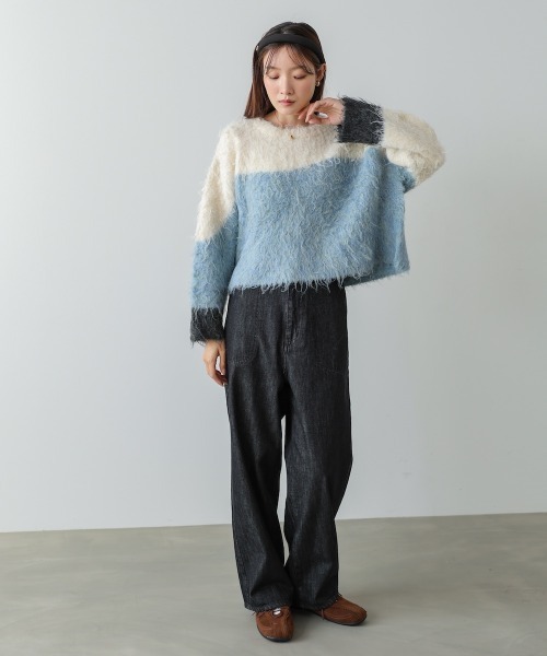 Bab(バブ)の「ウェーブ配色ショートニットトップス(ニット/セーター・レディース・モカ/アイボリー/ブラック・FREE)」の6枚目の写真