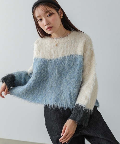 Bab(バブ)の「ウェーブ配色ショートニットトップス(ニット/セーター・レディース・モカ/アイボリー/ブラック・FREE)」の8枚目の写真