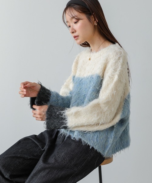 Bab(バブ)の「ウェーブ配色ショートニットトップス(ニット/セーター・レディース・モカ/アイボリー/ブラック・FREE)」の10枚目の写真