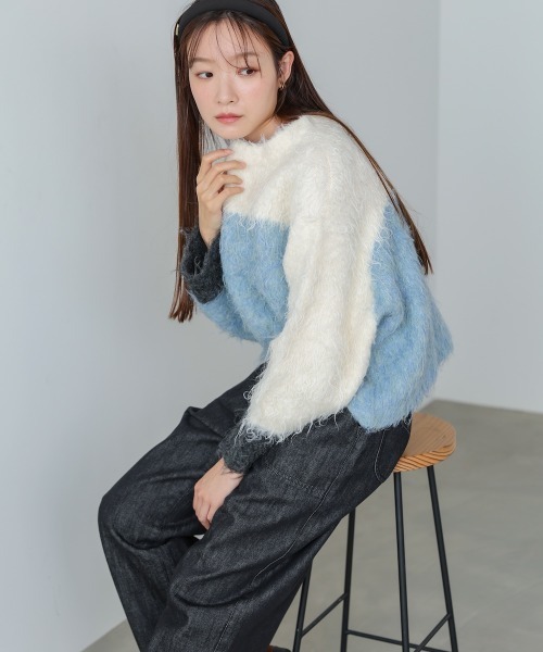 Bab(バブ)の「ウェーブ配色ショートニットトップス(ニット/セーター・レディース・モカ/アイボリー/ブラック・FREE)」の12枚目の写真