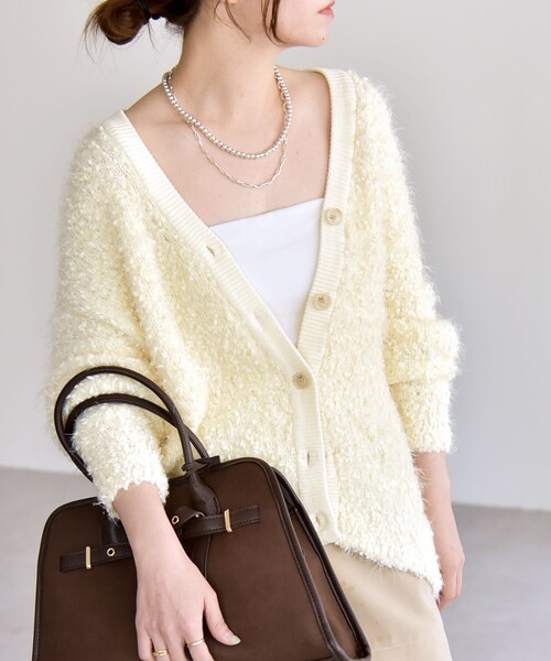 セール】quaranciel:〈手洗い可能〉ネップツイード Vネック ニット