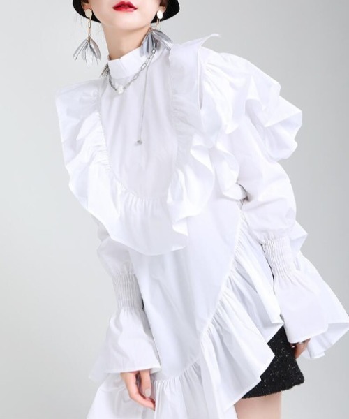 セール】アシンメトリーフリルワンピース（シャツワンピース