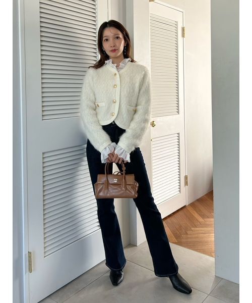 ファーライクフリルニットジャケット（ノーカラージャケット）｜SNIDEL