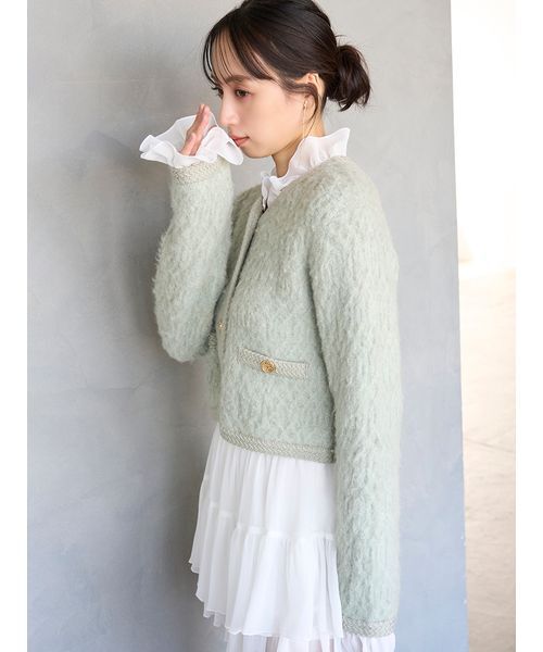 SNIDEL（スナイデル）の「ファーライクフリルニットジャケット（ノーカラージャケット・レディース・アイボリー/チャコールグレー/ピンク/ミント・F）」の22枚目の写真