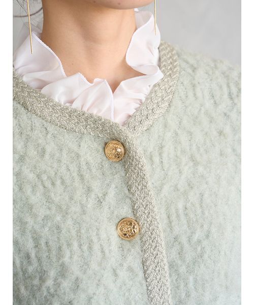 セール】ファーライクフリルニットジャケット（ノーカラージャケット