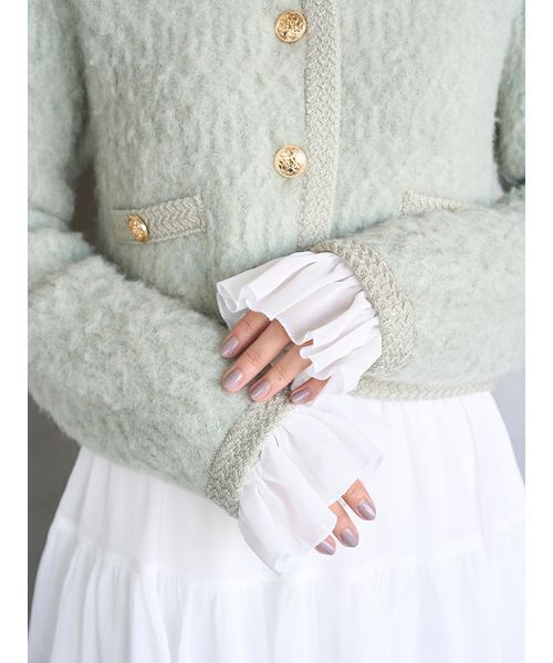 セール】ファーライクフリルニットジャケット（ノーカラージャケット