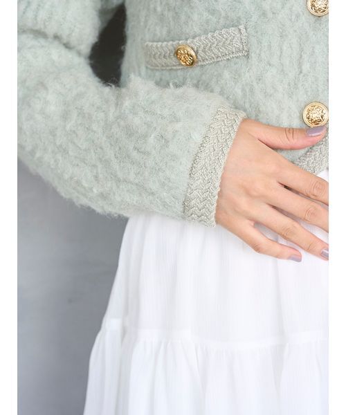 セール】ファーライクフリルニットジャケット（ノーカラージャケット