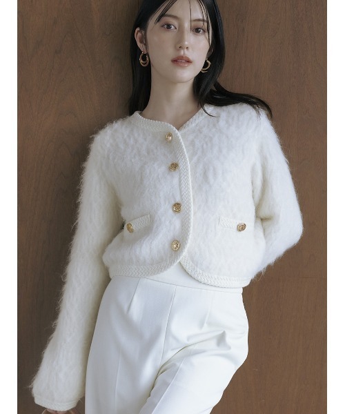 ファーライクフリルニットジャケット（ノーカラージャケット）｜SNIDEL