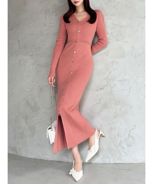 RESEXXY（リゼクシー）の「ゴールドボタンタイトニットワンピース（ワンピース・レディース・オレンジ/ミント/ブラック/ブルー・FREE）」の4枚目の写真