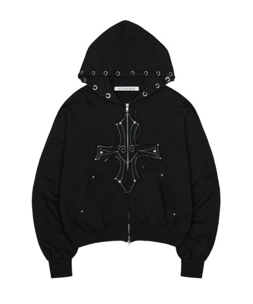 NOT KNOWING（ノットノーイング）の「【NOT KNOWING】Gothic Cross Hood Zip Up / 【ノットノーイング】ゴシッククロスフードパーカー＜着用動画あり＞（パーカー・メンズ・杢グレー/ブラック・ONE SIZE）」の12枚目の写真