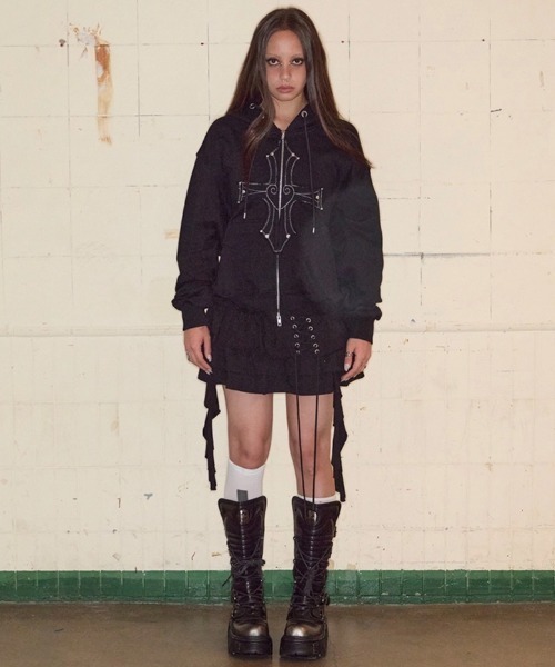 NOT KNOWING（ノットノーイング）の「【NOT KNOWING】Gothic Cross Hood Zip Up / 【ノットノーイング】ゴシッククロスフードパーカー＜着用動画あり＞（パーカー・メンズ・杢グレー/ブラック・ONE SIZE）」の9枚目の写真