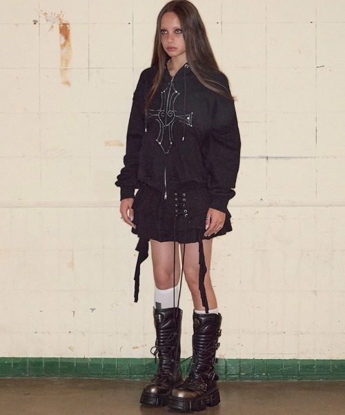 NOT KNOWING（ノットノーイング）の「【NOT KNOWING】Gothic Cross Hood Zip Up / 【ノットノーイング】ゴシッククロスフードパーカー＜着用動画あり＞（パーカー・メンズ・杢グレー/ブラック・ONE SIZE）」の10枚目の写真