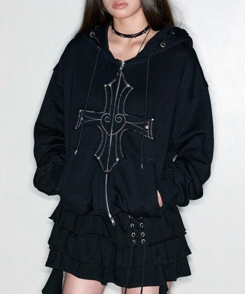 NOT KNOWING（ノットノーイング）の「【NOT KNOWING】Gothic Cross Hood Zip Up / 【ノットノーイング】ゴシッククロスフードパーカー＜着用動画あり＞（パーカー・メンズ・杢グレー/ブラック・ONE SIZE）」の7枚目の写真