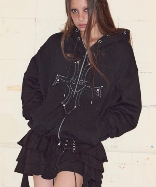 NOT KNOWING（ノットノーイング）の「【NOT KNOWING】Gothic Cross Hood Zip Up / 【ノットノーイング】ゴシッククロスフードパーカー＜着用動画あり＞（パーカー・メンズ・杢グレー/ブラック・ONE SIZE）」の6枚目の写真