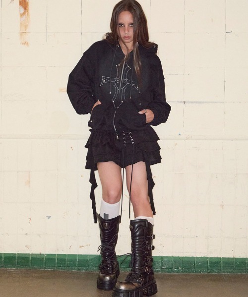 NOT KNOWING（ノットノーイング）の「【NOT KNOWING】Gothic Cross Hood Zip Up / 【ノットノーイング】ゴシッククロスフードパーカー＜着用動画あり＞（パーカー・メンズ・杢グレー/ブラック・ONE SIZE）」の8枚目の写真