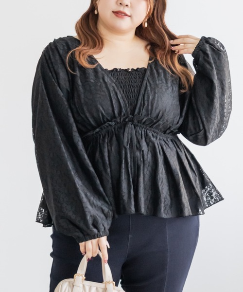 CLETTE(クレット)の「CLETTEオリジナルギャザーデザイン長袖レースブラウス(シャツ/ブラウス・レディース・アイボリー/ブラック・LL/3L/4L)」の10枚目の写真