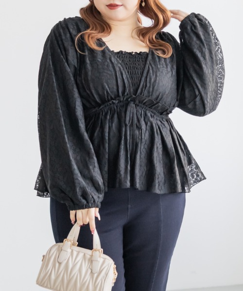 CLETTE(クレット)の「CLETTEオリジナルギャザーデザイン長袖レースブラウス(シャツ/ブラウス・レディース・アイボリー/ブラック・LL/3L/4L)」の11枚目の写真